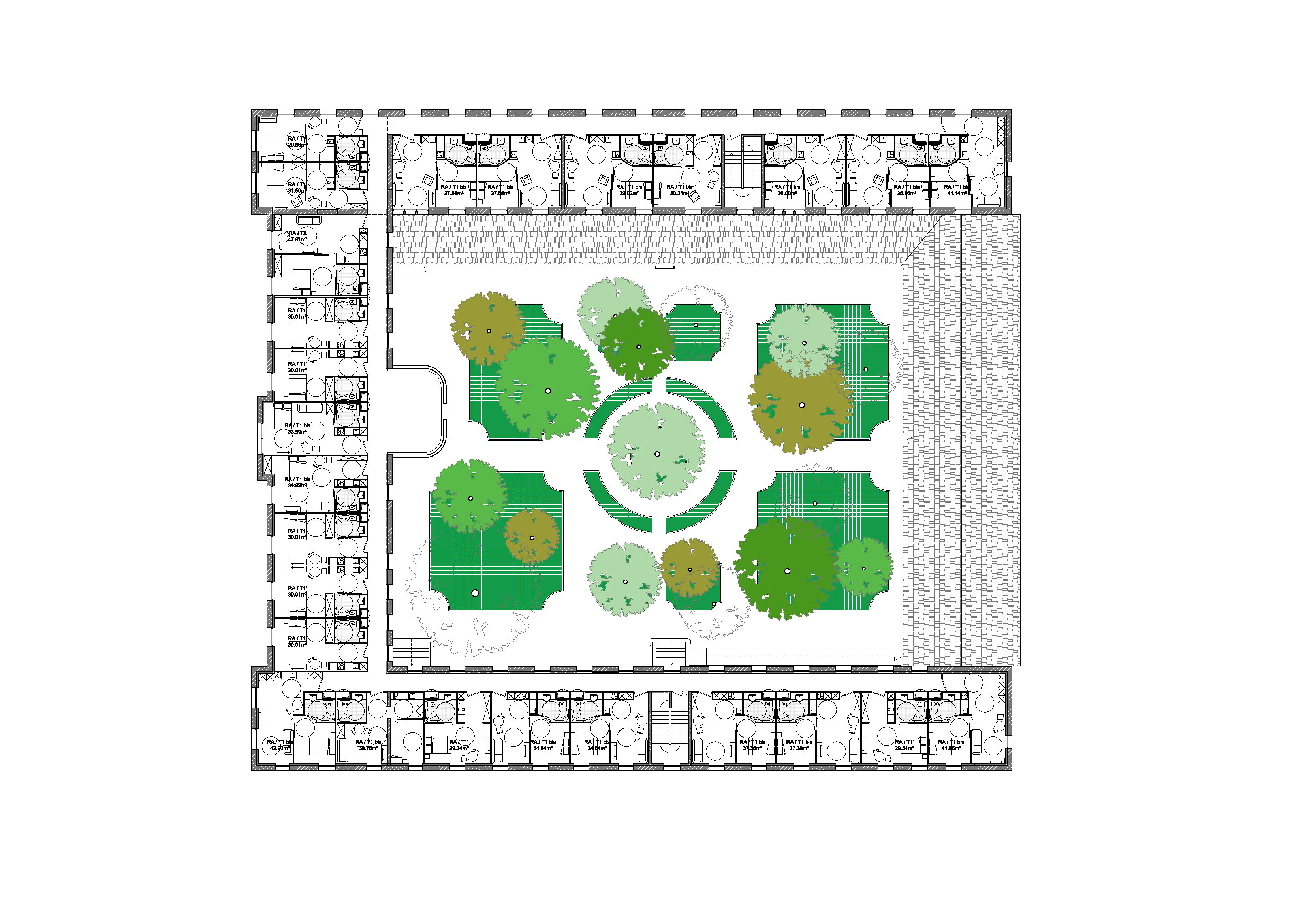 Plan d'étage, chambres autour de la cour